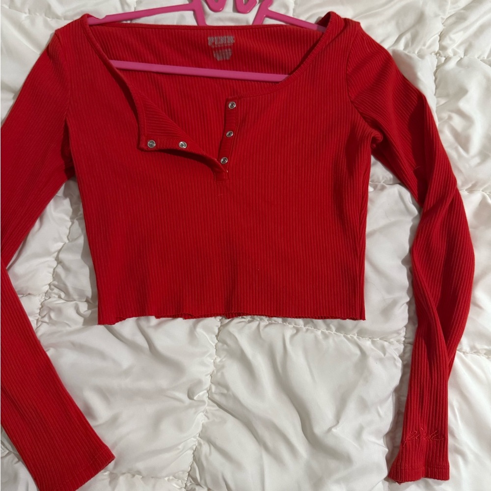 Red Ribbed Long Sleeve Henley Crop Top